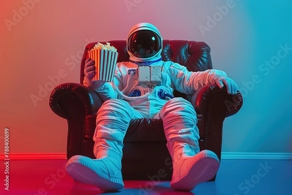Fototapeta AI generated image, concept photo of an Astronaut sitting on sofa enjoying movie with a popcorn box in hand