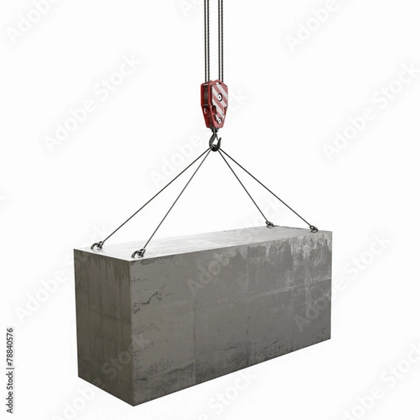 Obraz Concrete building block and crane hook isolated on white
