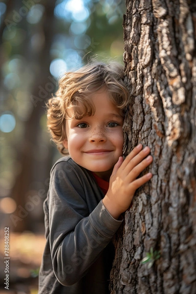Fototapeta Selective focus of A Caucasian boy hugs the trunk of a big tree in the forest with a happy smile.