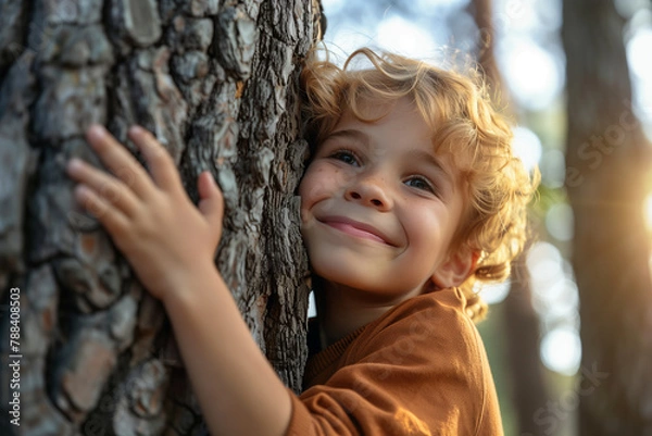 Obraz Selective focus of A Caucasian boy hugs the trunk of a big tree in the forest with a happy smile.