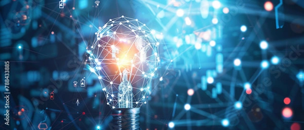 Obraz Illuminated Light Bulb with Digital Connection: Idea and Solution Concept