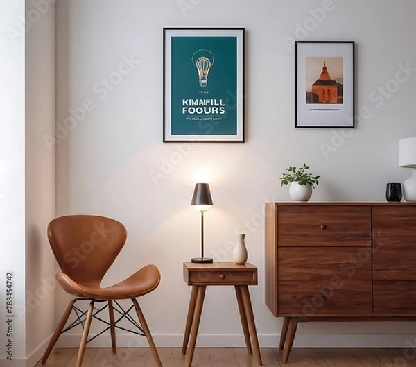Fototapeta Frame mockup, ISO A paper size. Living room wall poster mockup. Interior mockup with house background. Modern interior design. 3D render