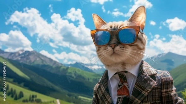 Fototapeta A businesses cat wearing sunglasses and a suit with a tie.