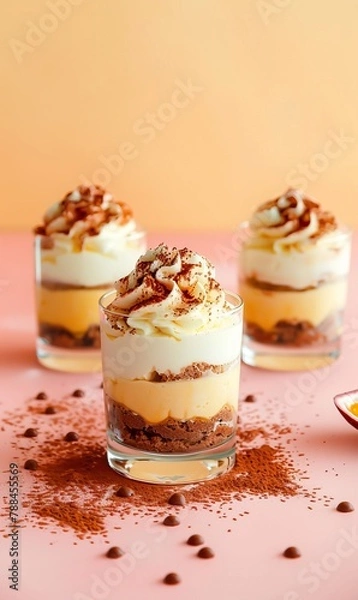 Fototapeta Three layers of indulgent tiramisu in transparent glasses against a pastel background tiramisu, sweet