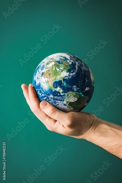 Fototapeta Hand holding Earth against green studio background for World Earth Day concept AI Image