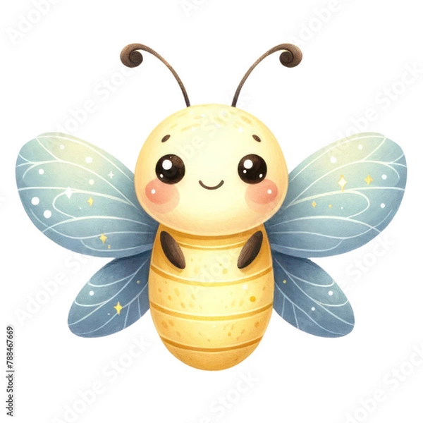 Obraz A cute cartoon bee with a friendly face, big sparkly eyes, and blue butterfly wings.