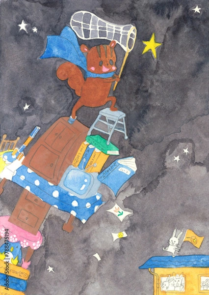 Obraz 星を捕まえようとするしまりすのイラスト