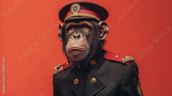Fototapeta Portrait of an anthropomorphic chimpanzee dressed in a decorated military uniform, posing on a vibrant red backdrop