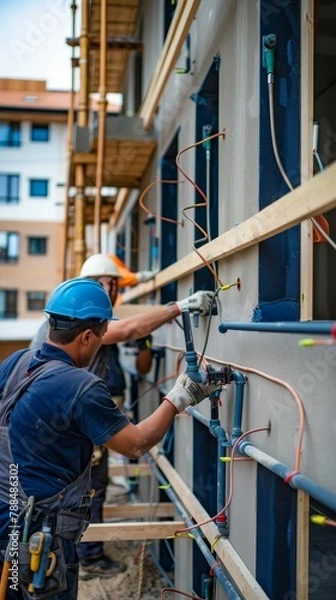 Fototapeta Plumbers fitting pipes in a new apartment complex, essential infrastructure, connected