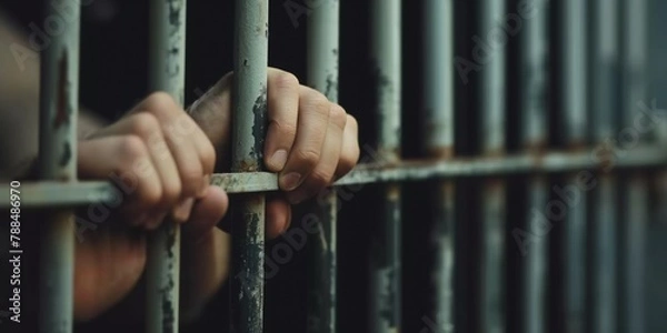 Obraz Close up of prisoner hands in jail with copy space, concept of justice, prison, crime, law, freedom.