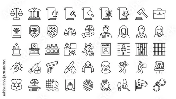 Obraz Law and Justice line icons set. Includes Court, Inspector, Lawyer, Guilty, Arrest, and More.