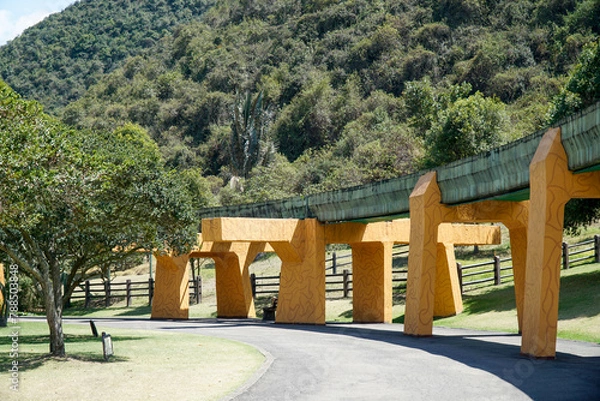 Fototapeta Cundinamarca, Colombia. April 13, 2024. Jaime Duque park near Bogota with a copy of the Taj mahal, ancyent seven wonders and lakes