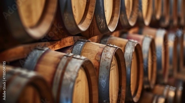 Fototapeta Rows of wooden wine barrels stacked high, creating a picturesque background