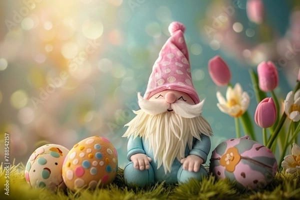 Fototapeta Happy easter card. Gnomes with easter eggs. cute 3d Easter gnome