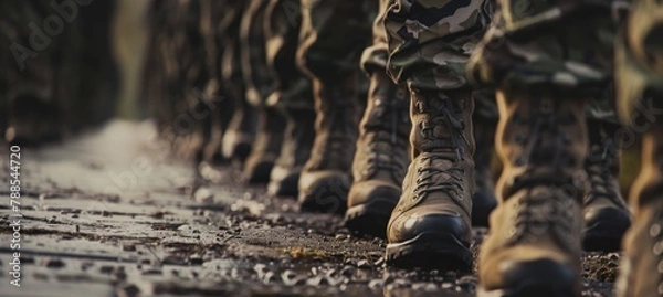 Obraz Uniformed Soldiers on a March in Camouflage Gear.