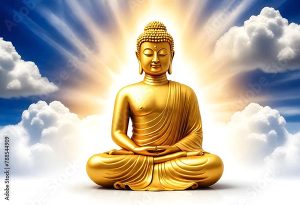 Fototapeta a golden buddha statue with the sun shining behind him and clouds