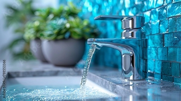 Fototapeta Water tap , faucet. Flow water in bathroom with sink. Modern clean house. Hygiene concept.  Panorama
