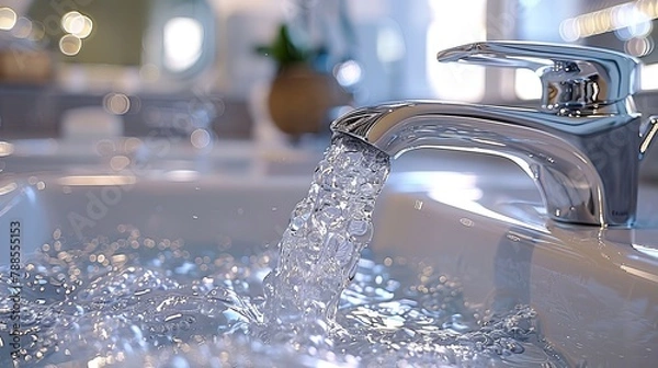 Fototapeta Woan is opening and closing water flow tap and filling sink with water. Water running from chrome faucet. Bathroom plumbing. Using water resources