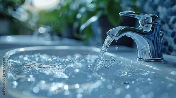 Fototapeta Woan is opening and closing water flow tap and filling sink with water. Water running from chrome faucet. Bathroom plumbing. Using water resources