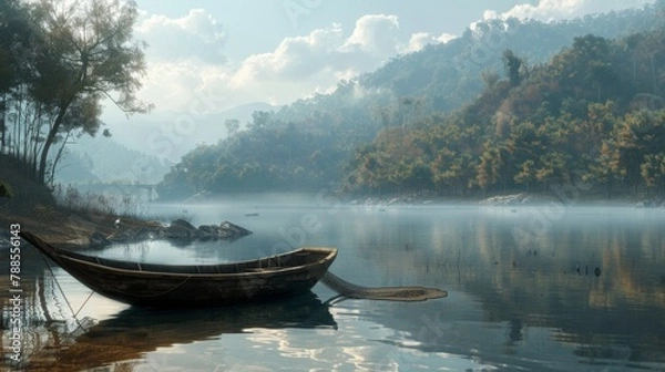 Fototapeta A wooden fishing boat anchored on a serene riverbank, with fishermen preparing their nets for a day of traditional fishing.
