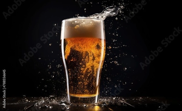 Fototapeta Beer splashing out of a glass on a black background. Studio shot.