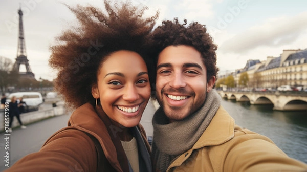Obraz Mixed race couple taking a selfie during a vacation in Paris 
