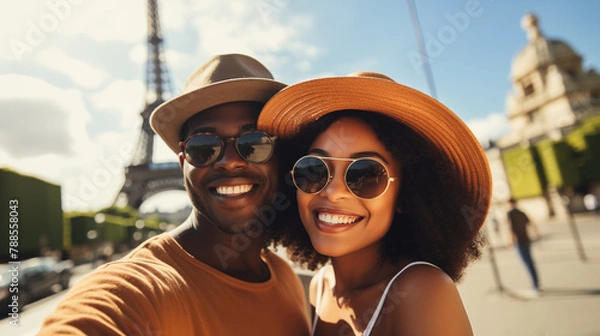 Obraz Mixed-race couple taking a selfie during a vacation in Paris 