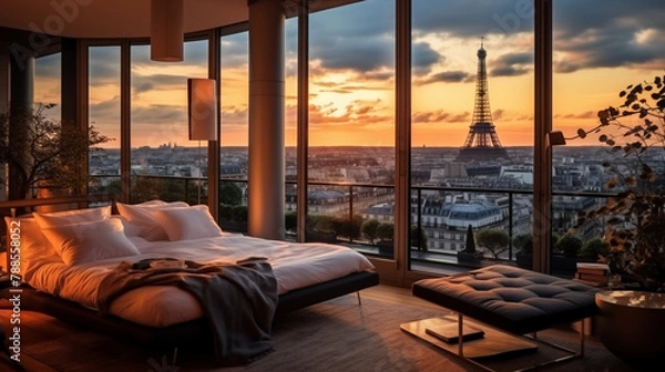 Obraz luxury hotel room in Paris, stunning views of the Eiffel tower 