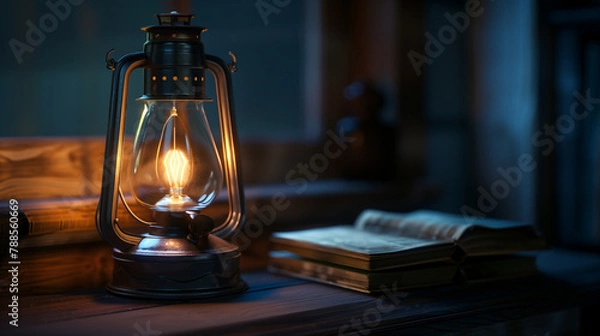 Fototapeta Oil lamp lighting up a dark room, Focus on the light casting shadows on old books and walls, Intimate and cozy atmosphere