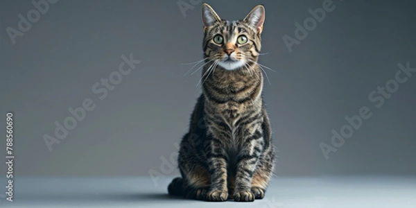 Fototapeta Majestic Tabby Cat Posing with Alert Expression on Grey Background