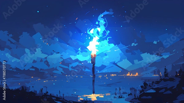 Obraz Illustration of a wooden torch blue fire. 3d medieval fire lamp. Combustion element design