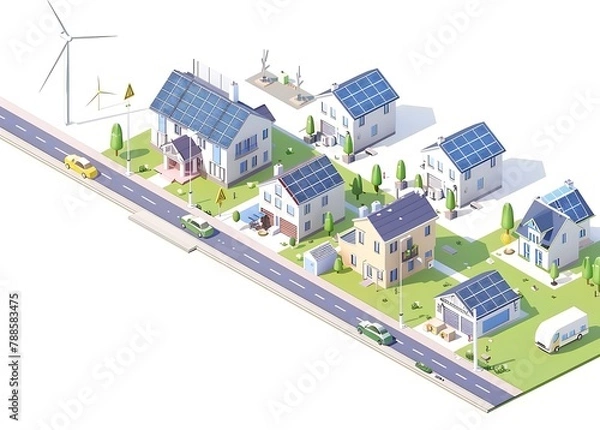 Fototapeta Isometric illustration of energy production and storage, solar panels on buildings with wind turbines in the background, a battery icon at the left side, green cars near houses with blue roofs, white 