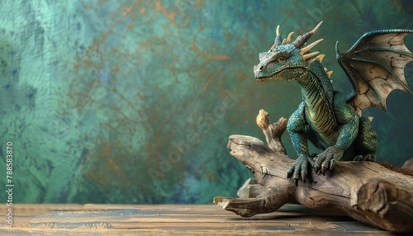 Fototapeta Beautiful strong green real dragon sitting on a log on a green background