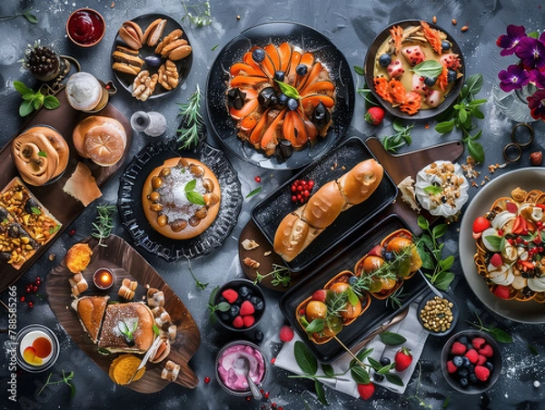 Fototapeta Breakfast with coffee, croissants, fruits and berries on dark background