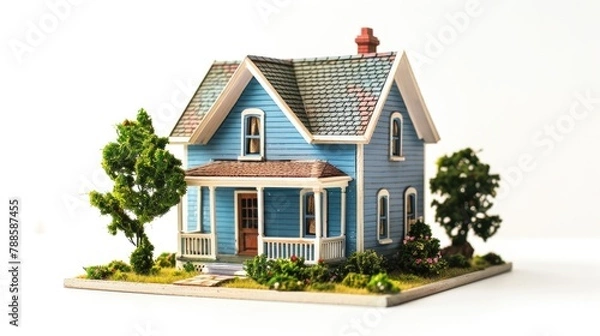 Fototapeta A small blue house with a tree in front of it. Suitable for real estate or nature concepts