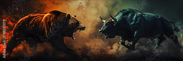 Fototapeta bear fight with bull crypto trading symbol background for web copy space