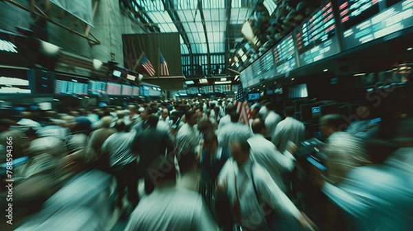 Fototapeta cinematic photography of people moving on a super busy stock exchange