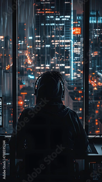 Fototapeta people working crypto trading wearing hoodies seen from behind