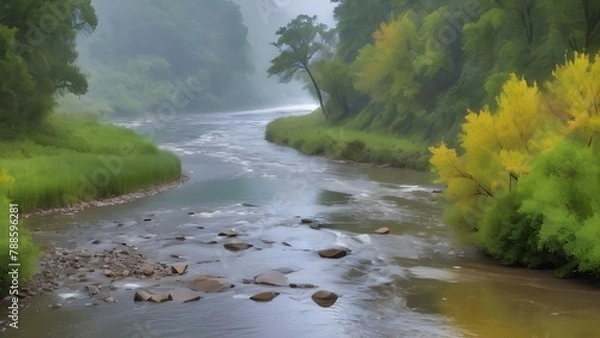 Obraz  Serene River Flowing Through Autumn Forest with Misty Atmosphere