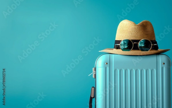 Obraz Travel Suitcase with Hat and Sunglasses