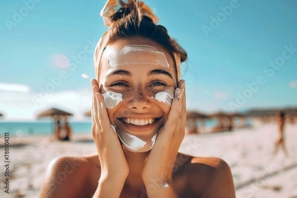 Fototapeta Smiling woman applying sunscreen on her face. Generative AI