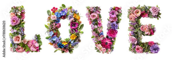 Obraz Text Love made of natural flowers isolated on white background for wedding or Valentine's Day
