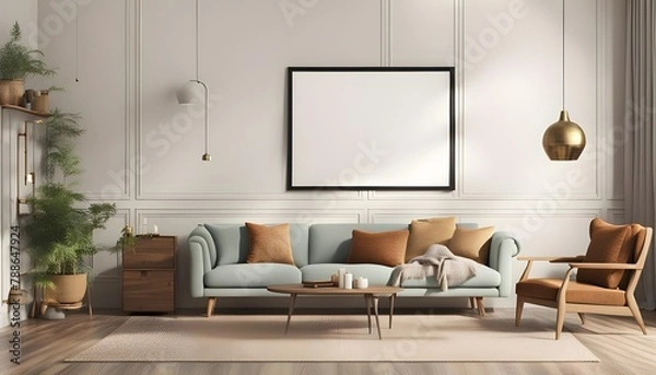 Fototapeta Frame mockup, ISO A paper size. Living room wall poster mockup. Interior mockup with house background. Modern interior design. 3D render, photo, 3d render, stock photo, stock images