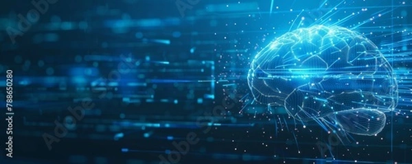 Fototapeta Abstract digital brain with glowing lines and data flow in a blue background AI technology concept illustration in the style of futuristic business and cyber security concepts Generative AI