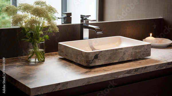 Fototapeta Beautiful, chic and modern marble sink, bathroom interior 