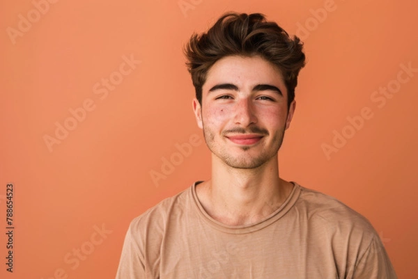 Fototapeta A young man with a beard is smiling with his eyes closed