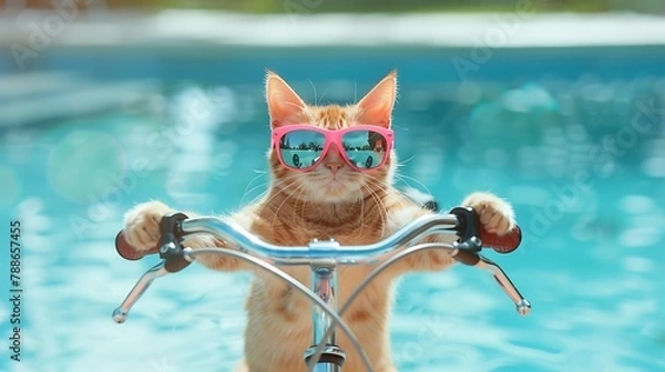 Obraz cute cat riding a bike by the pool for summer in googles