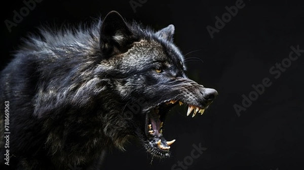 Fototapeta Growling black Wolf studio shot with black background