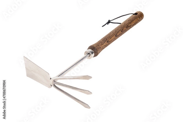 Obraz premium stainless steel gardening rake with brown wooden handle isolated in perspective on white background