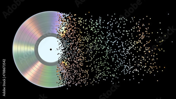Obraz Iridescent platinum vinyl disk crumbles into pixels. 3d illustration.